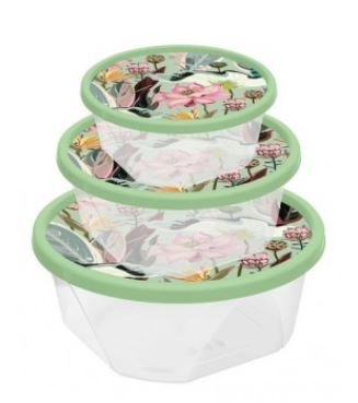 Комплект контейнеров для продуктов круглых 3шт (0,4+0,85+1,4л) с декором 9зелёный)